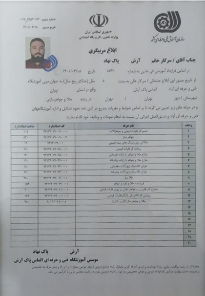 ابلاغ مربیگری به عنوان مربی رسمی سازمان آموزش فنی و حرفه ای کشور